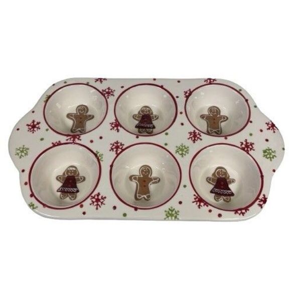 Gingerbread Boy Girl Holiday Cupcake Muffin Pan Ceramic Snowflakes Baking Dish - Picture 1 of 11
